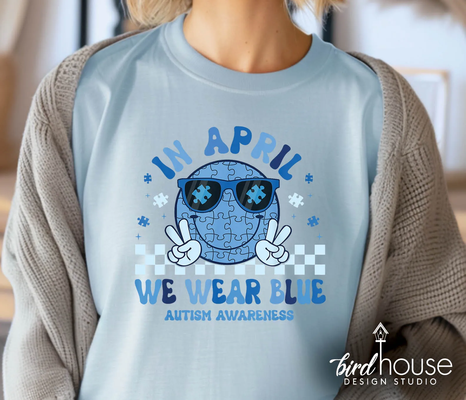 April We Wear Blue Puzzle Face Autism Awareness Shirt