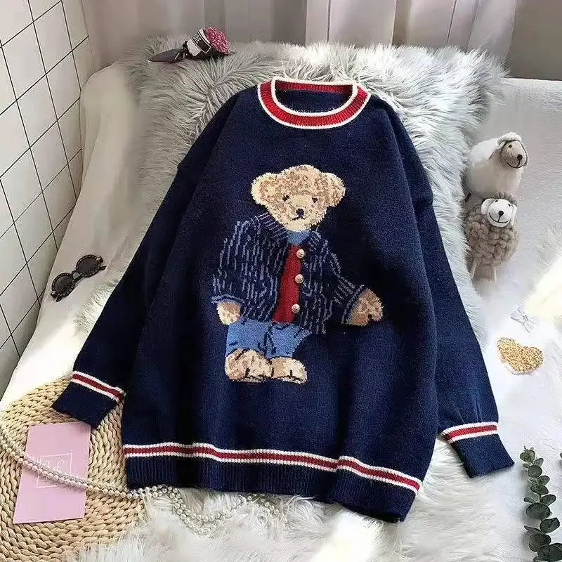 Autumn Winter Vest & Sweater Japanese Style Cartoon Bear Pullover Vest Sweater Oversized Clothes Knitted Vest