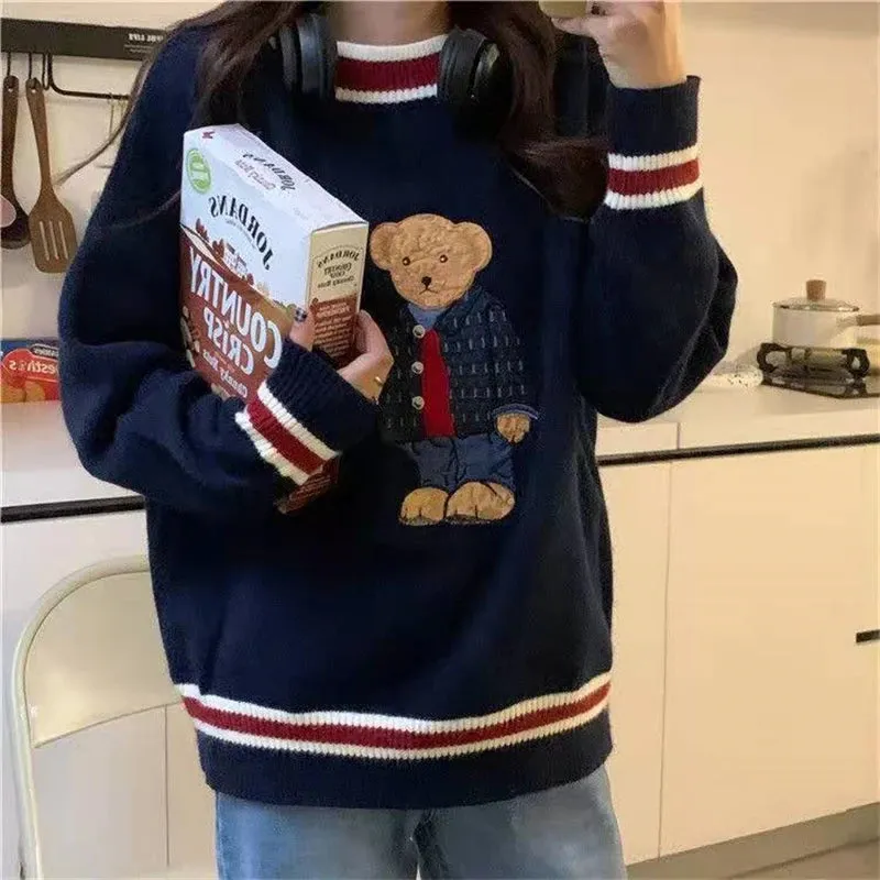 Autumn Winter Vest & Sweater Japanese Style Cartoon Bear Pullover Vest Sweater Oversized Clothes Knitted Vest