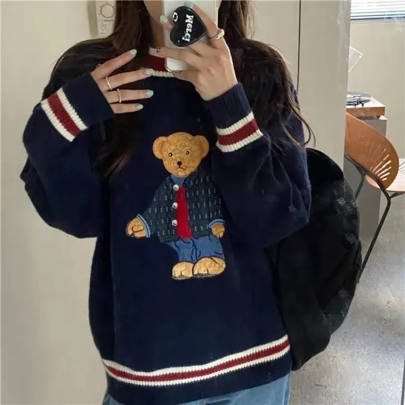 Autumn Winter Vest & Sweater Japanese Style Cartoon Bear Pullover Vest Sweater Oversized Clothes Knitted Vest