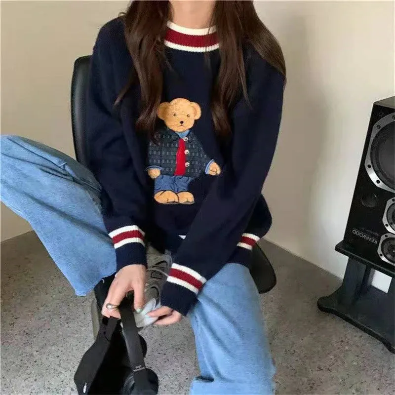 Autumn Winter Vest & Sweater Japanese Style Cartoon Bear Pullover Vest Sweater Oversized Clothes Knitted Vest