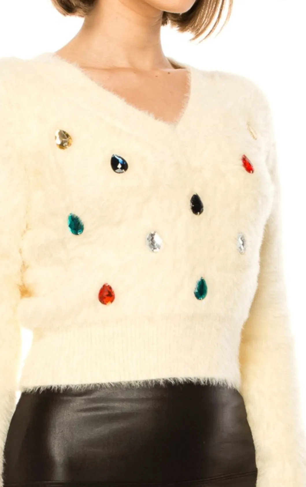 Bejeweled Faux Fur Sweater