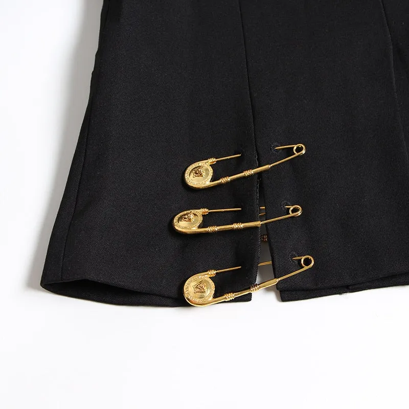 Black Blazer With Golden Safety Pin Trims