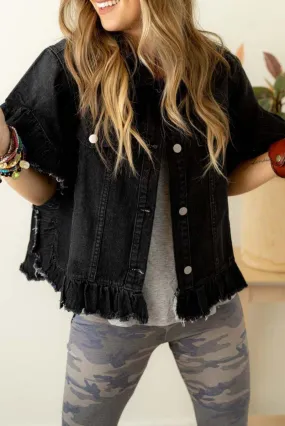 Black Ruffled Short Sleeve Denim Jacket