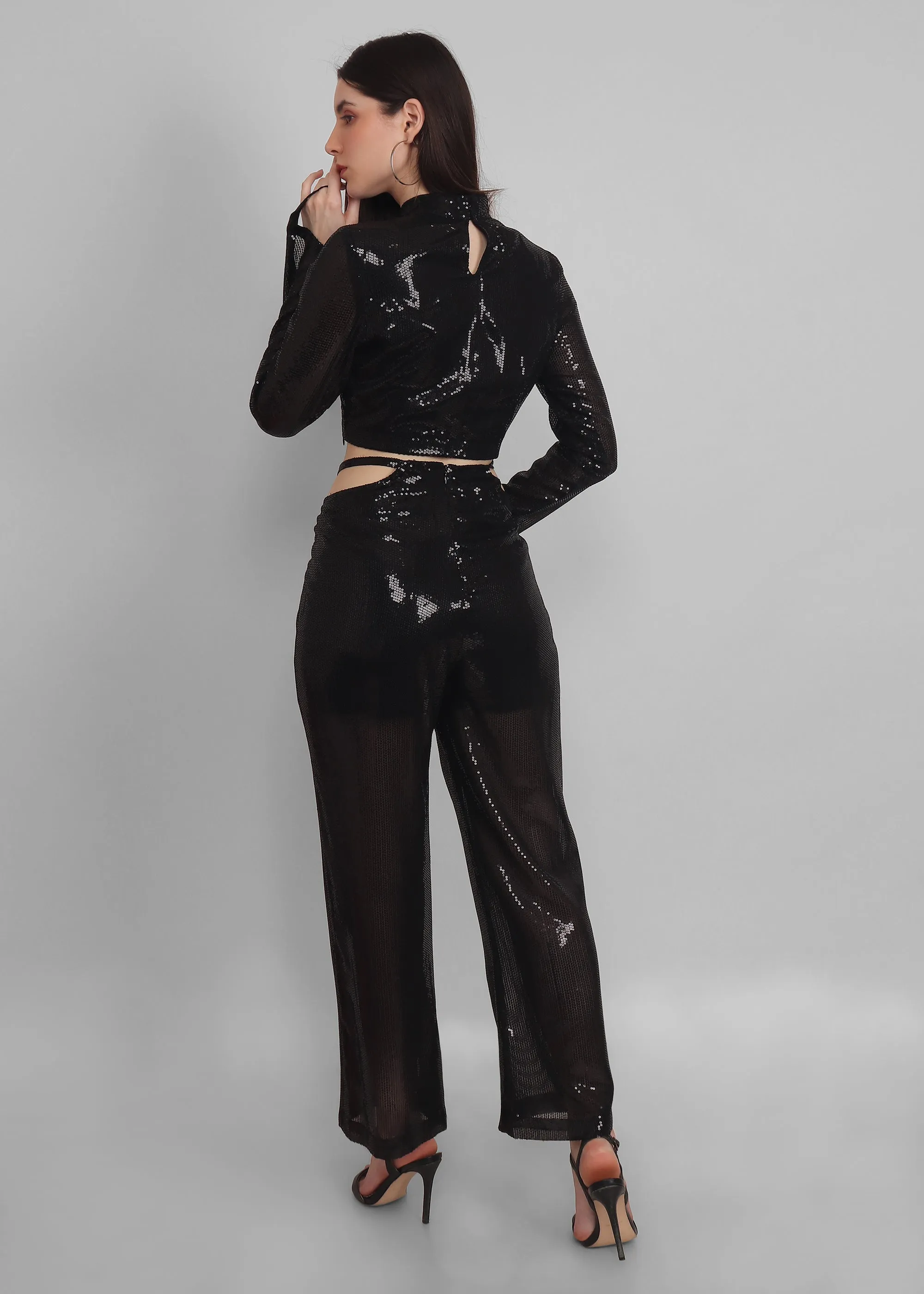 Black sequins cut out waist Pants