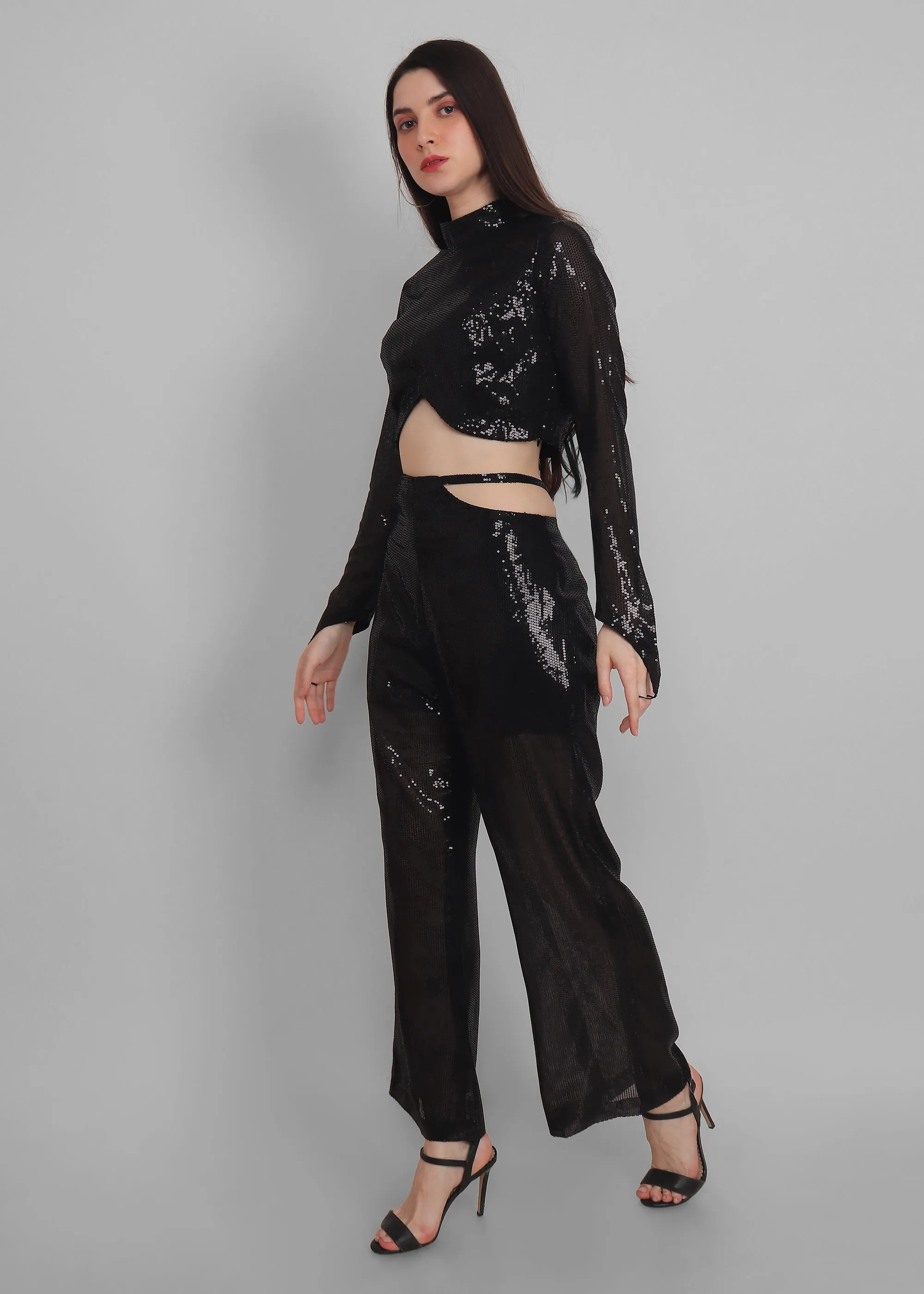 Black sequins cut out waist Pants