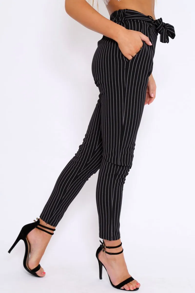 Black Striped Tie Waist Cigarette Trousers - Candice