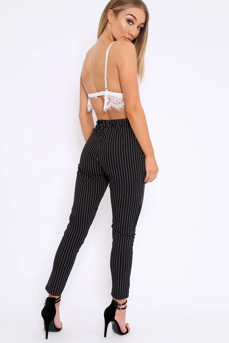 Black Striped Tie Waist Cigarette Trousers - Candice