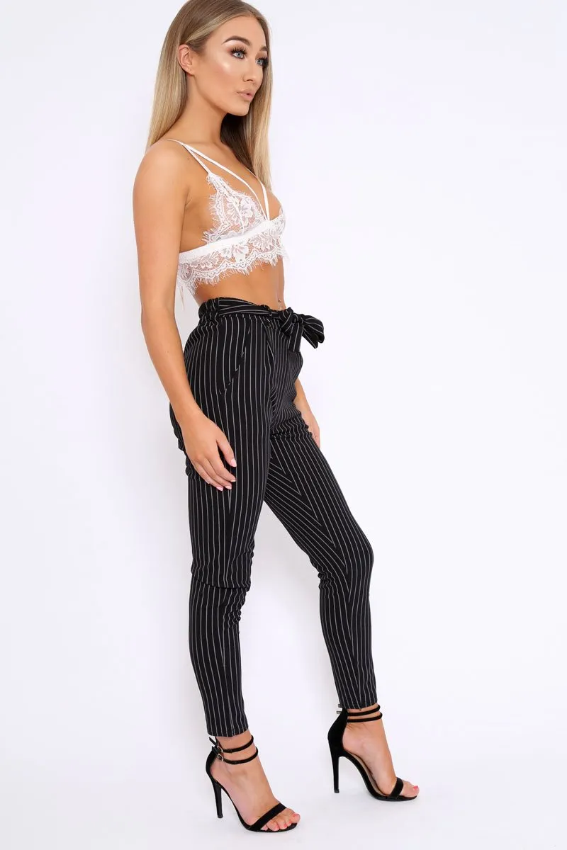 Black Striped Tie Waist Cigarette Trousers - Candice