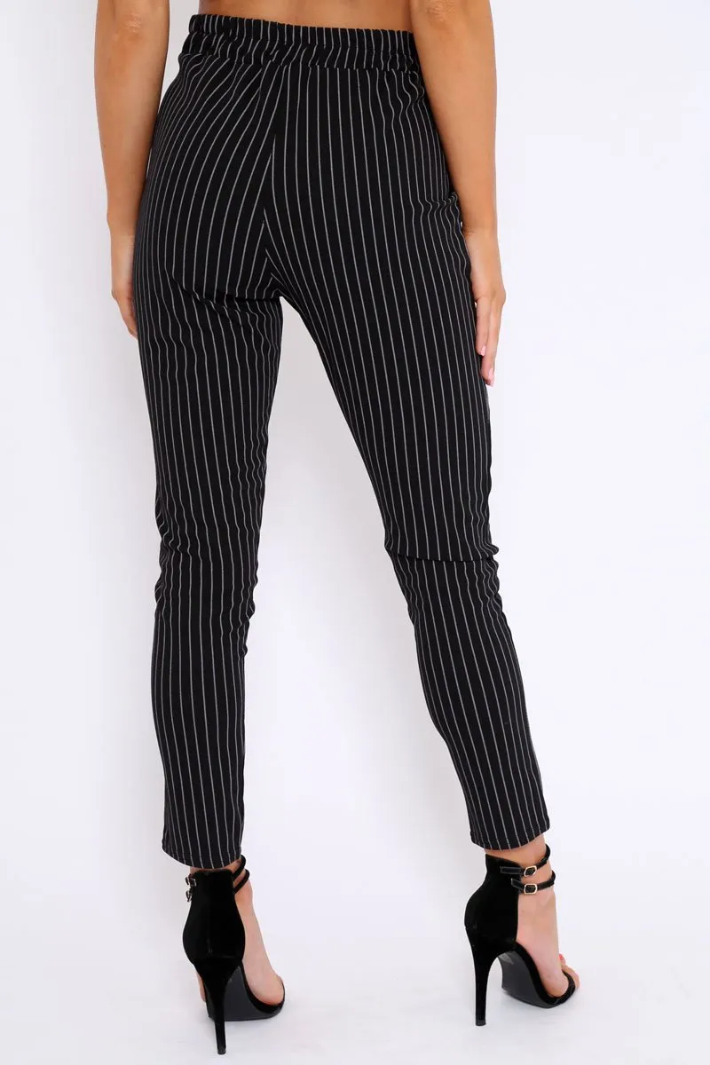 Black Striped Tie Waist Cigarette Trousers - Candice