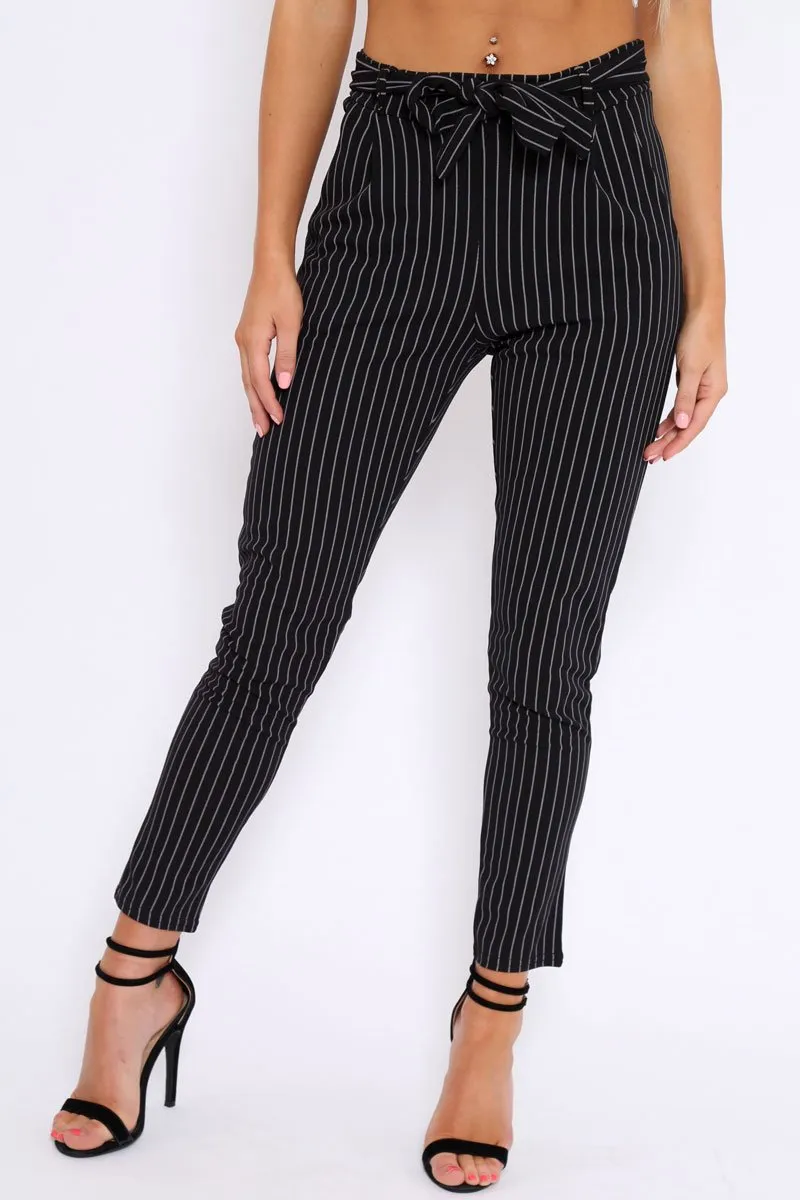 Black Striped Tie Waist Cigarette Trousers - Candice