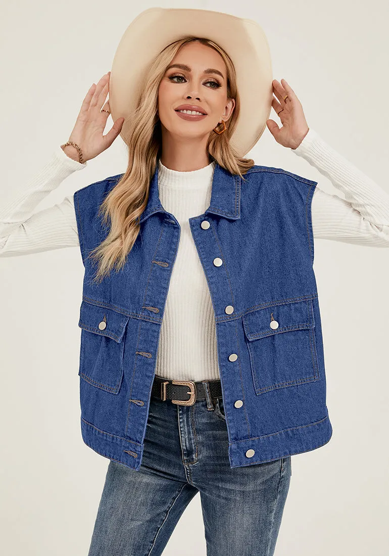 Classic Blue Women's Casual Oversized Button Down Sleeveless Jean Jacket with Pockets