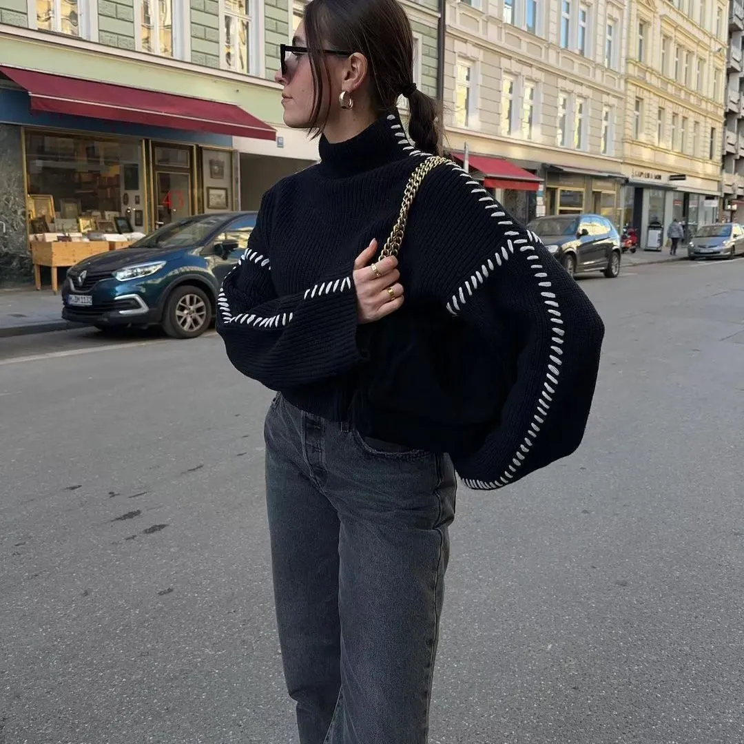 Color Block Trimmed Long Sleeve Sweater