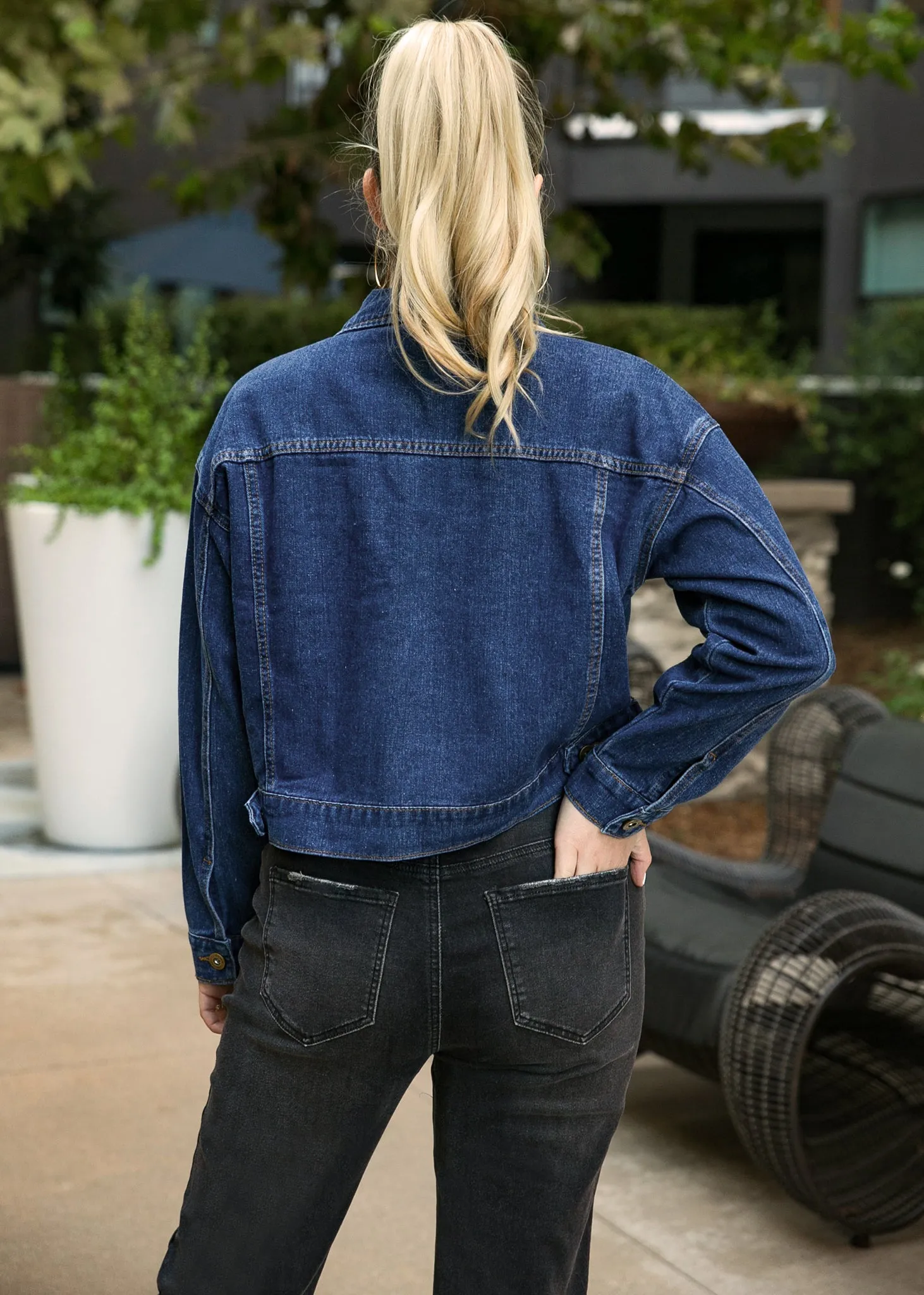 Cropped Button Down Denim Jean Jacket with Pockets