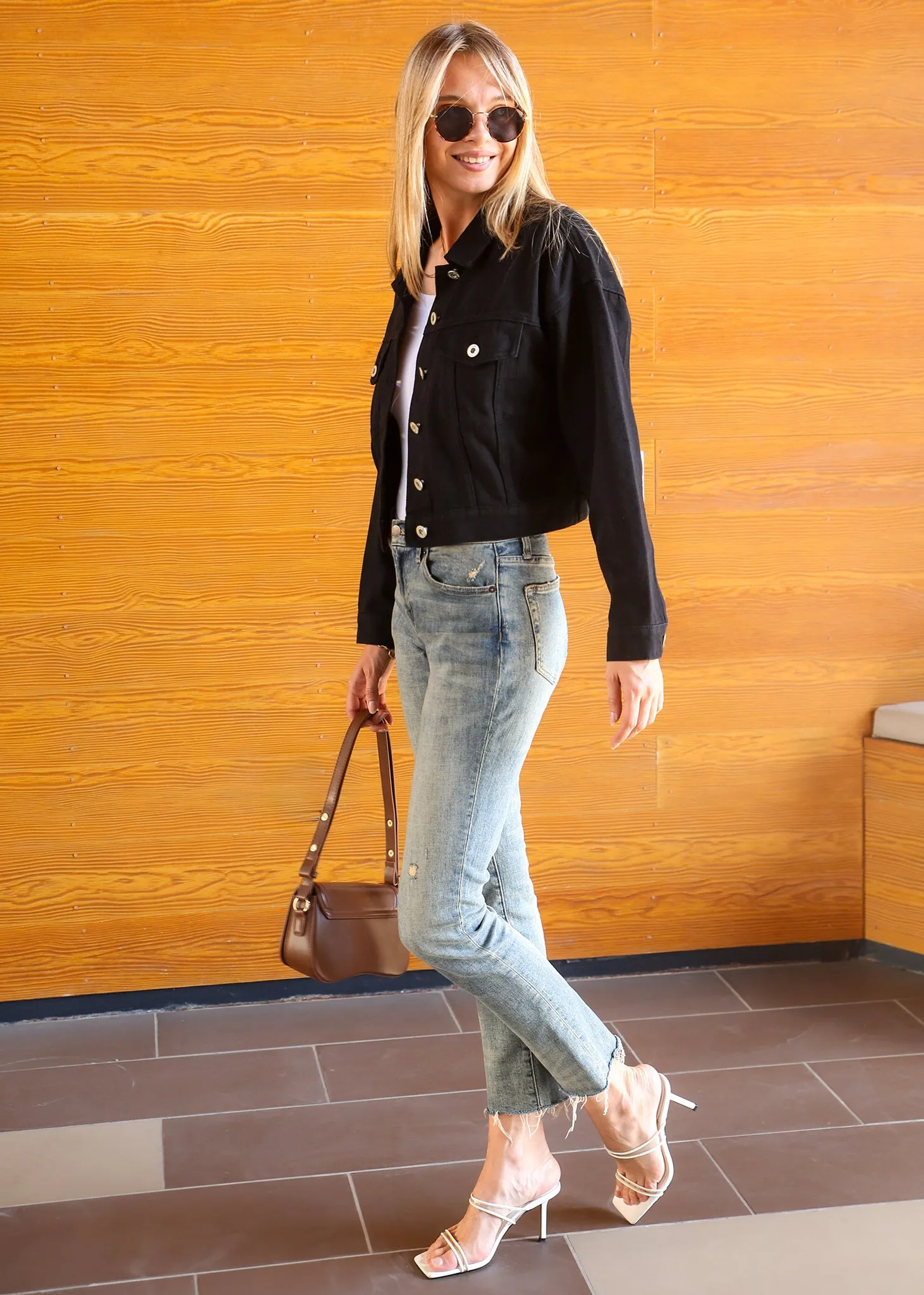 Cropped Button Down Denim Jean Jacket with Pockets