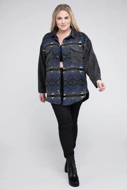 Davi & Dani Plus Printed Button Down Long Sleeve Jacket