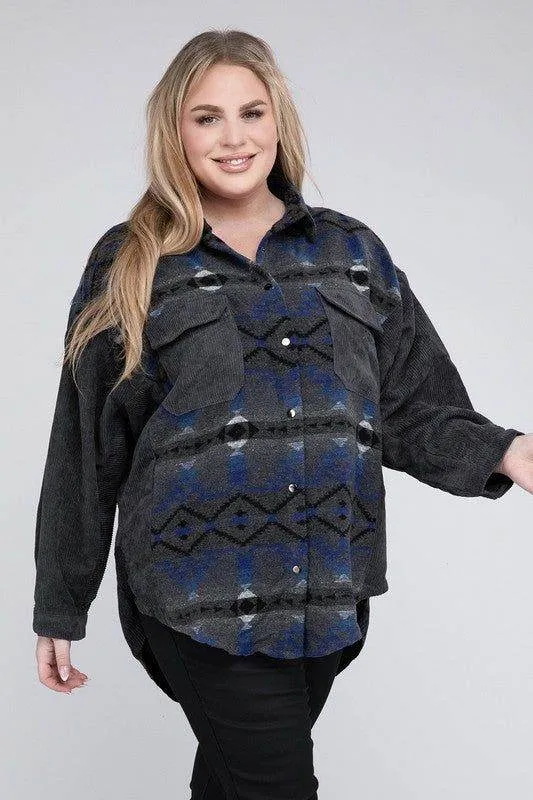 Davi & Dani Plus Printed Button Down Long Sleeve Jacket