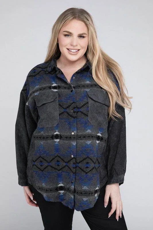 Davi & Dani Plus Printed Button Down Long Sleeve Jacket