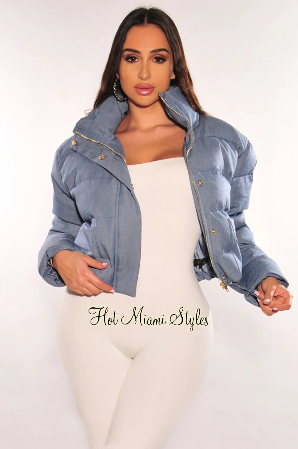 Denim Puffer Bomber Zipper Long Sleeve Cropped Jacket