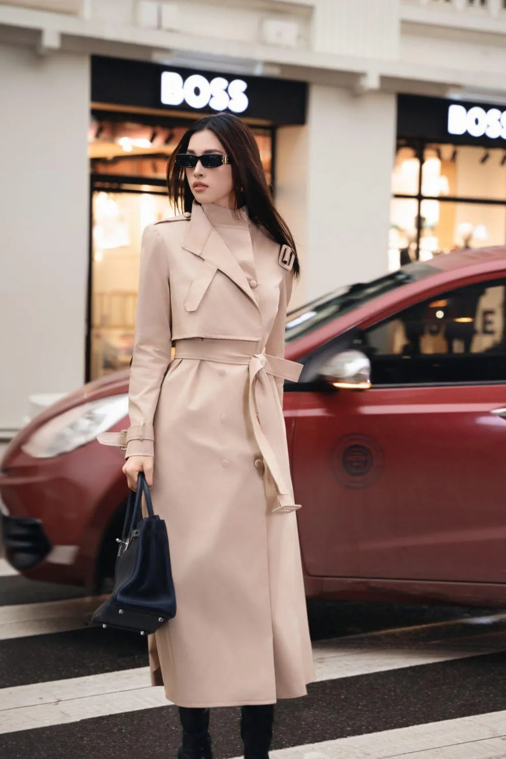 Dolyn A-line Belt Strap Polyester Spandex Calf Length Trench Coat