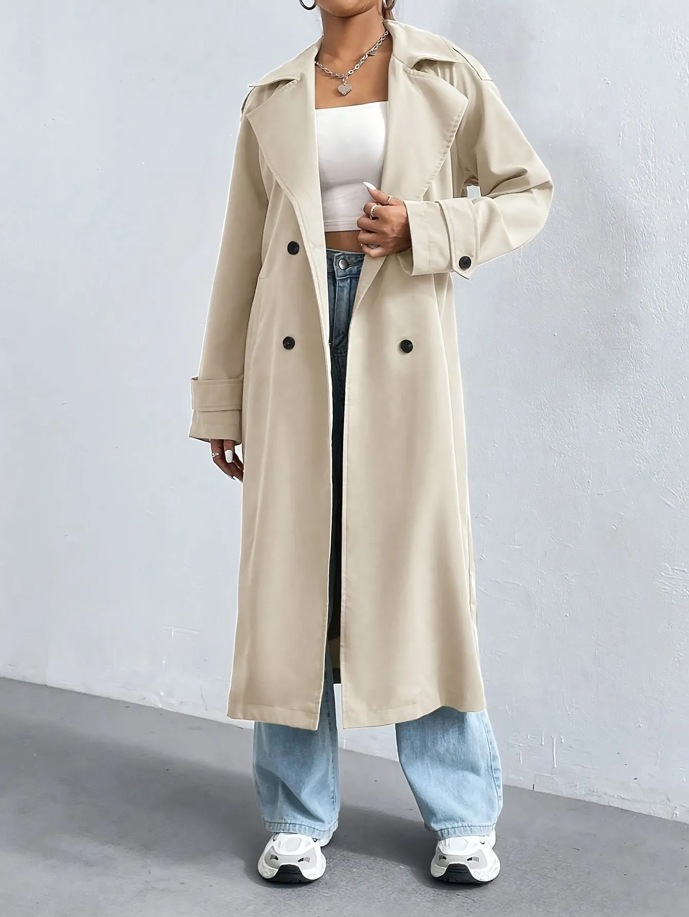 Elegant Solid Color Trench Coat with Belted Long Sleeves for Women | Ideal for Autumn