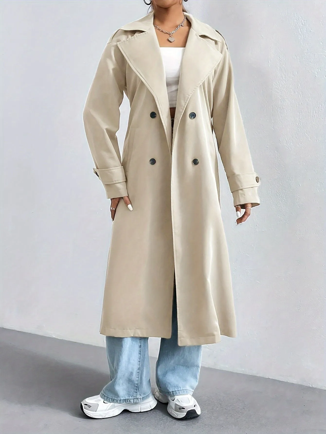 Elegant Solid Color Trench Coat with Belted Long Sleeves for Women | Ideal for Autumn