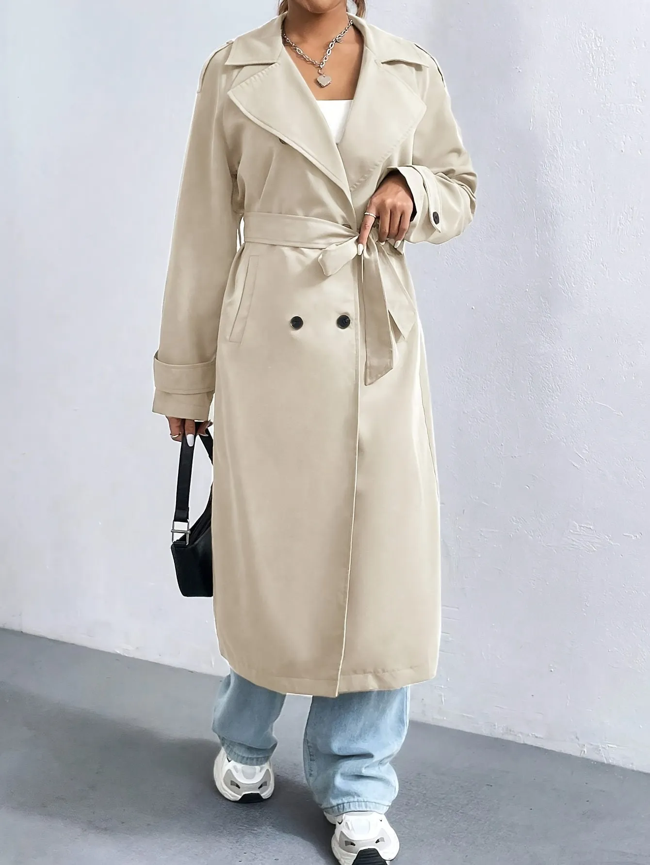 Elegant Solid Color Trench Coat with Belted Long Sleeves for Women | Ideal for Autumn