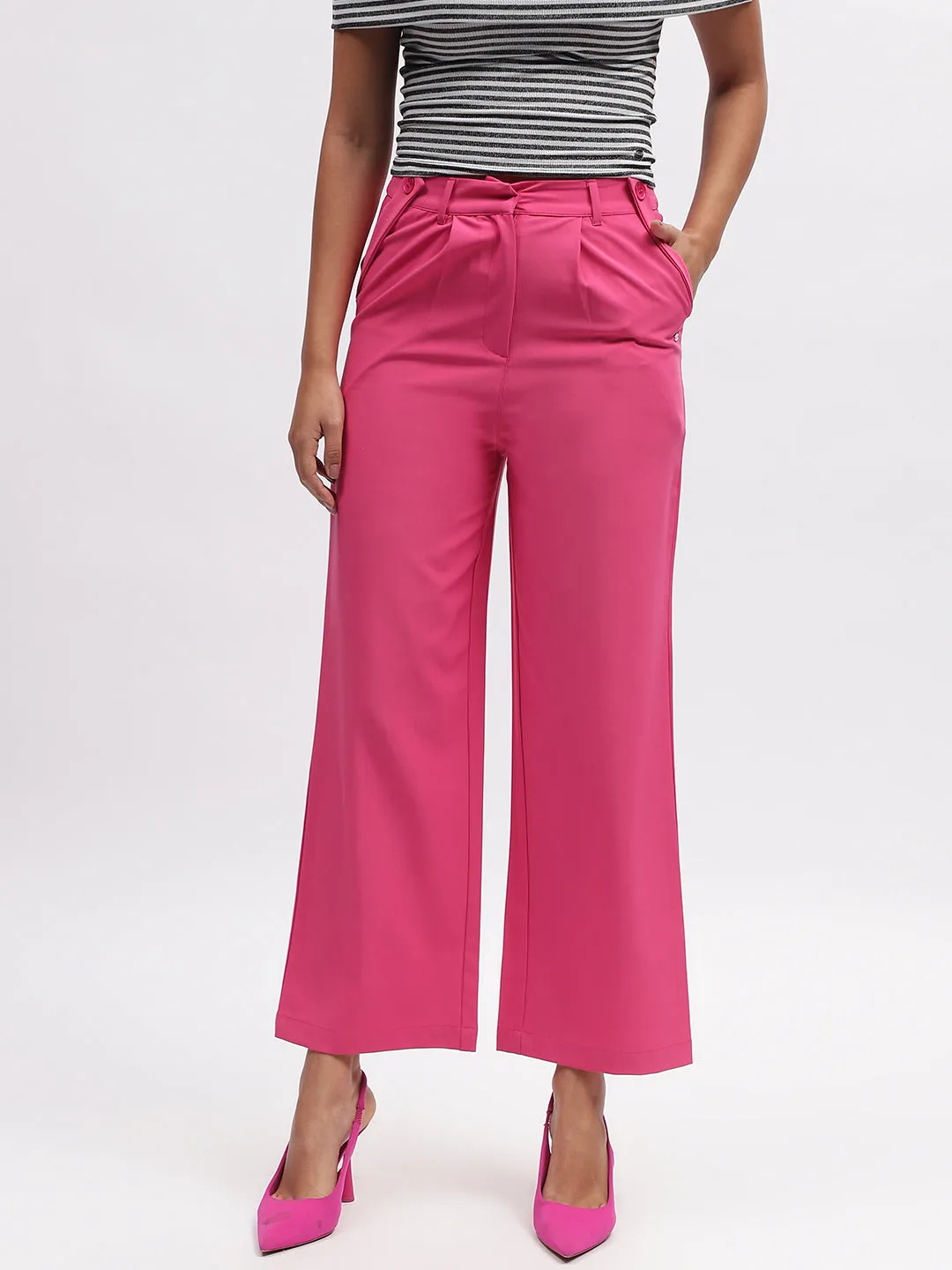 Elle Women Fuchsia Solid Straight Fit Trouser