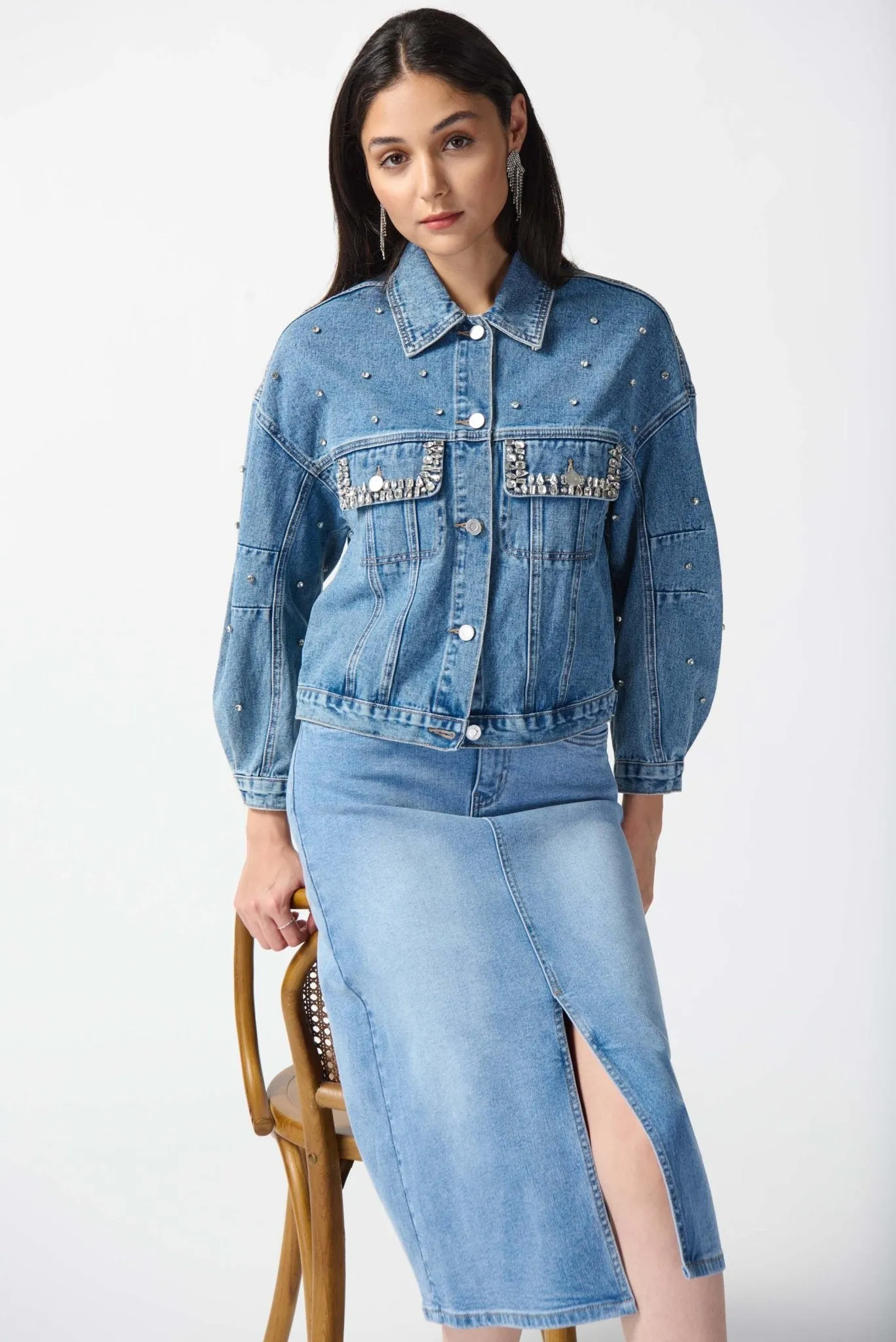 Embellished Denim Boxy Jacket Style 242917 | Denim Medium Blue