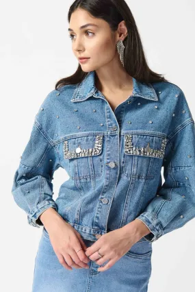 Embellished Denim Boxy Jacket Style 242917 | Denim Medium Blue