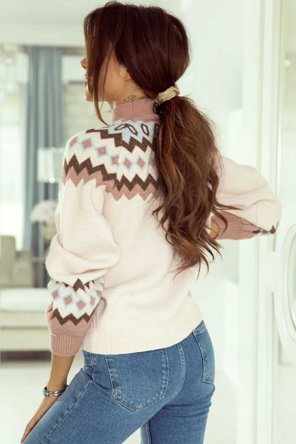 Geometric Ribbed High Neck Sweater