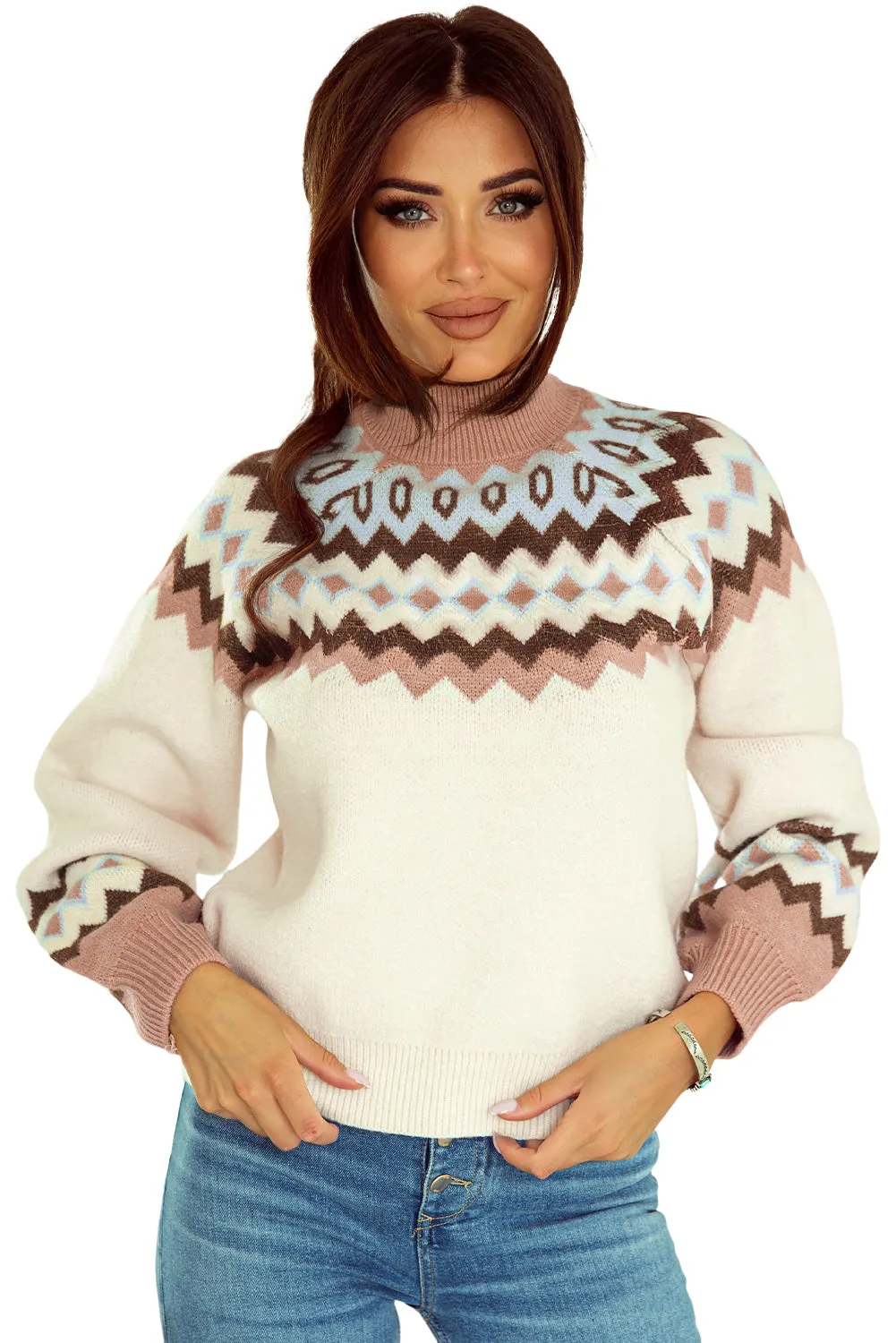 Geometric Ribbed High Neck Sweater