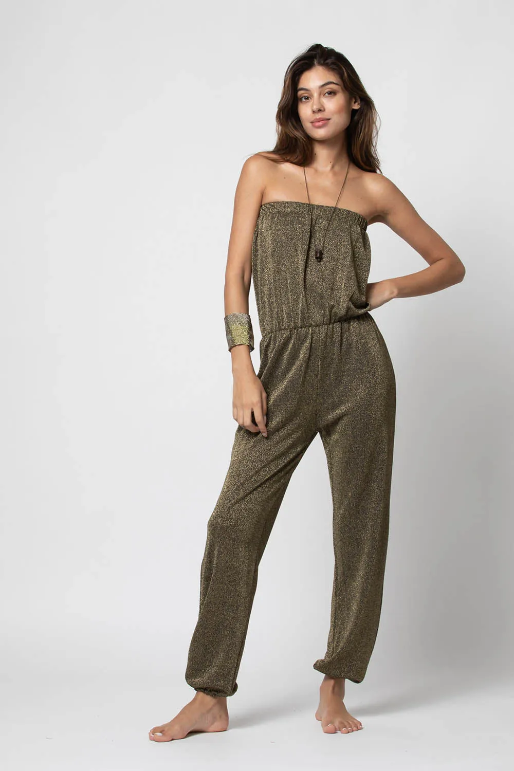 Glitter Tube-Top & Trousers Jumpsuit in Gold/Khaki