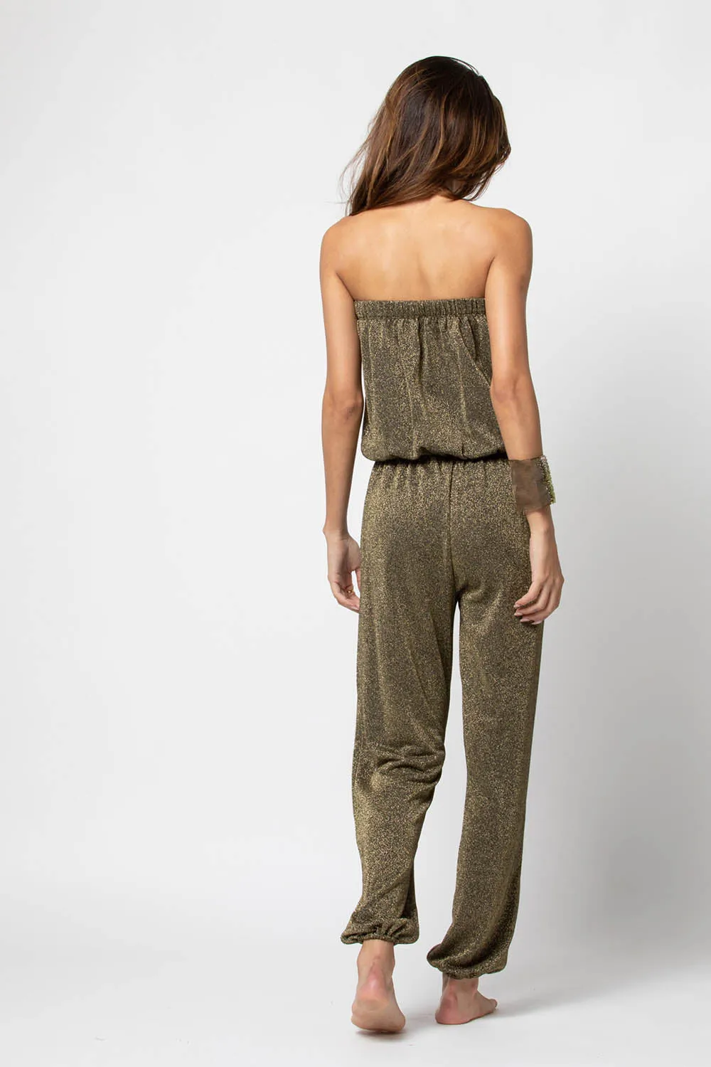 Glitter Tube-Top & Trousers Jumpsuit in Gold/Khaki