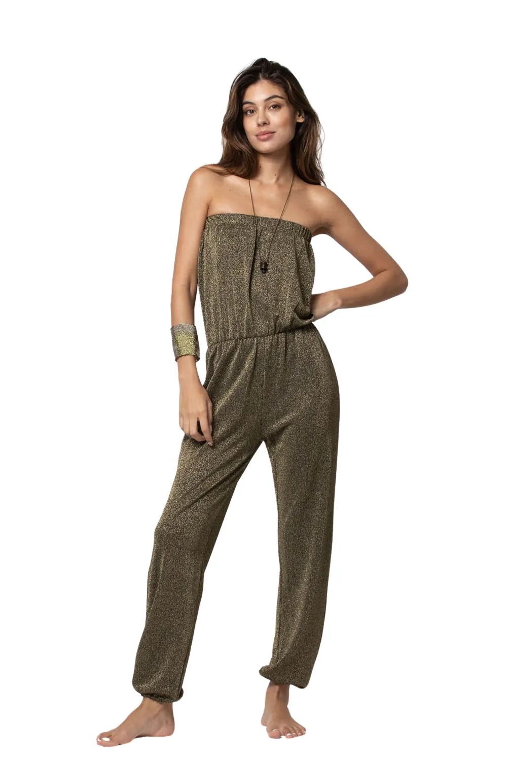 Glitter Tube-Top & Trousers Jumpsuit in Gold/Khaki