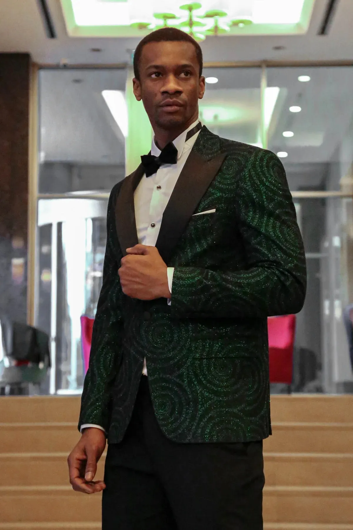 Green Sparkle Prom Blazer with Hypnose Pattern