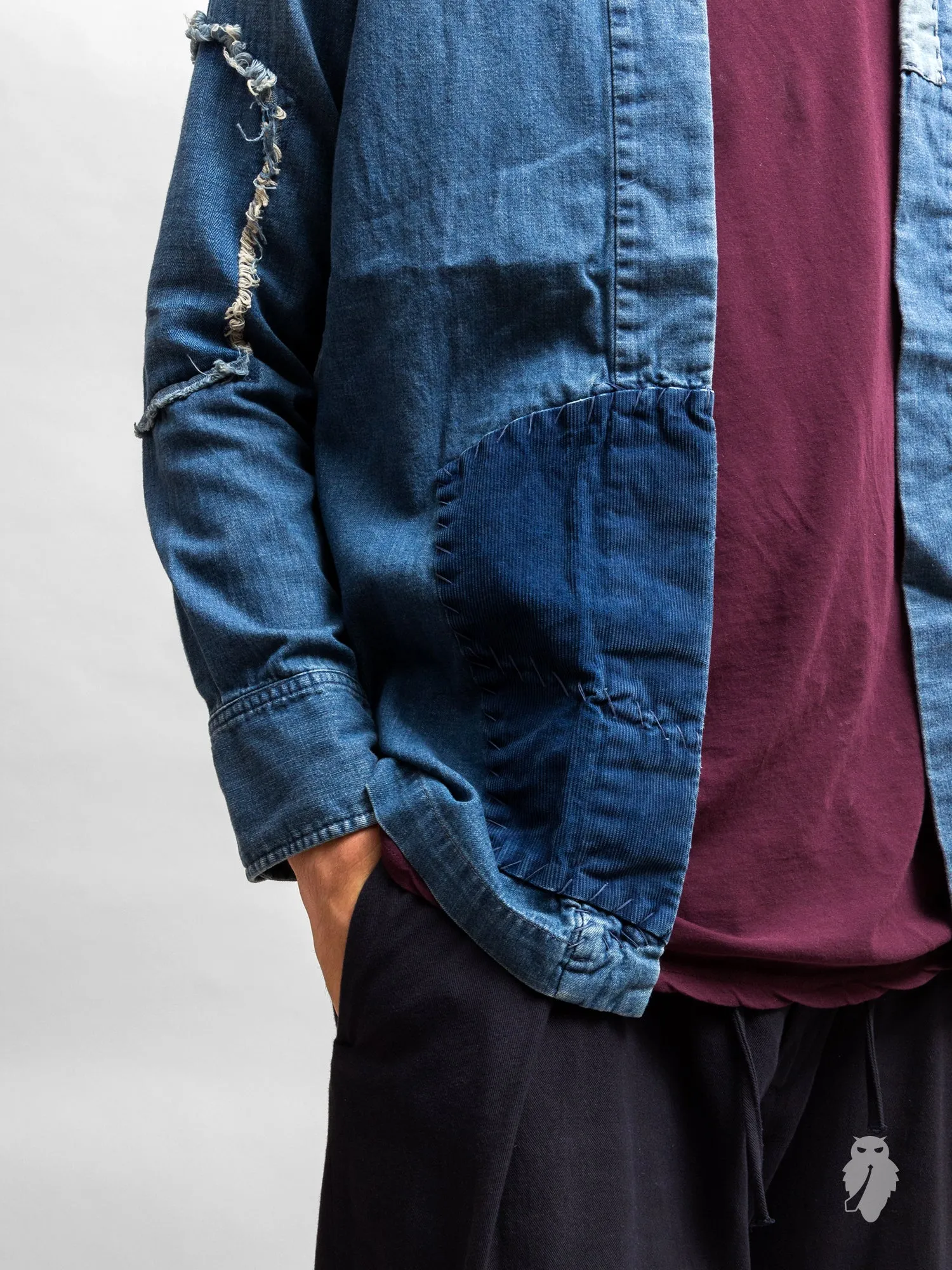 Haori Western Denim Shirt in Indigo Boro Repair