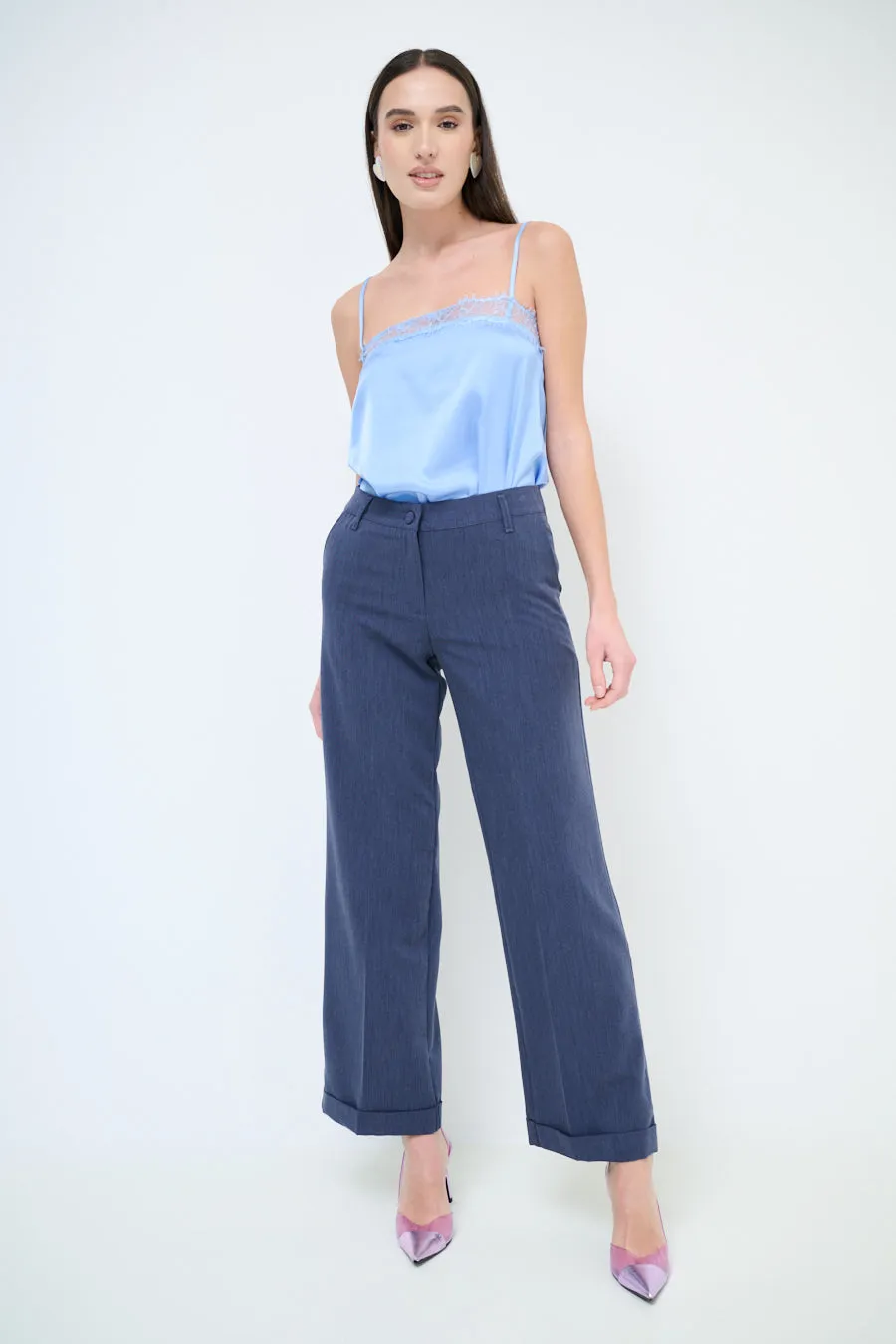 High-waisted wide leg cuffed trousers wholesale