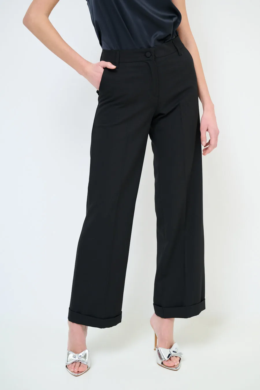 High-waisted wide leg cuffed trousers wholesale