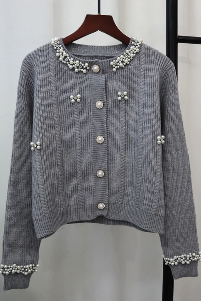 HWS1195 Pearl Embellished Knit Cardigan