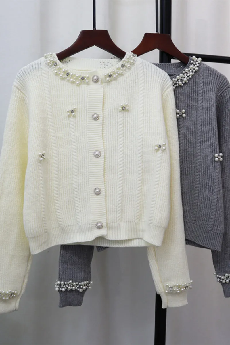 HWS1195 Pearl Embellished Knit Cardigan