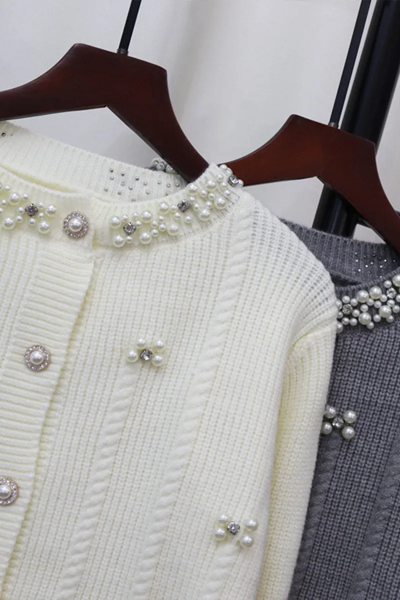 HWS1195 Pearl Embellished Knit Cardigan