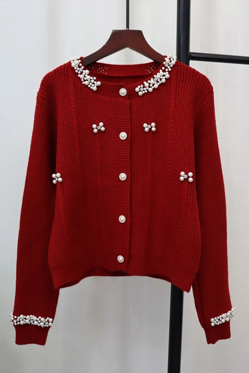 HWS1195 Pearl Embellished Knit Cardigan