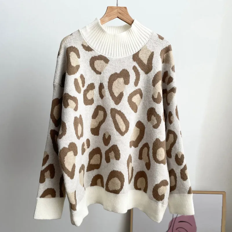 Julie Woman Leopard Print Basic Knitted Sweater