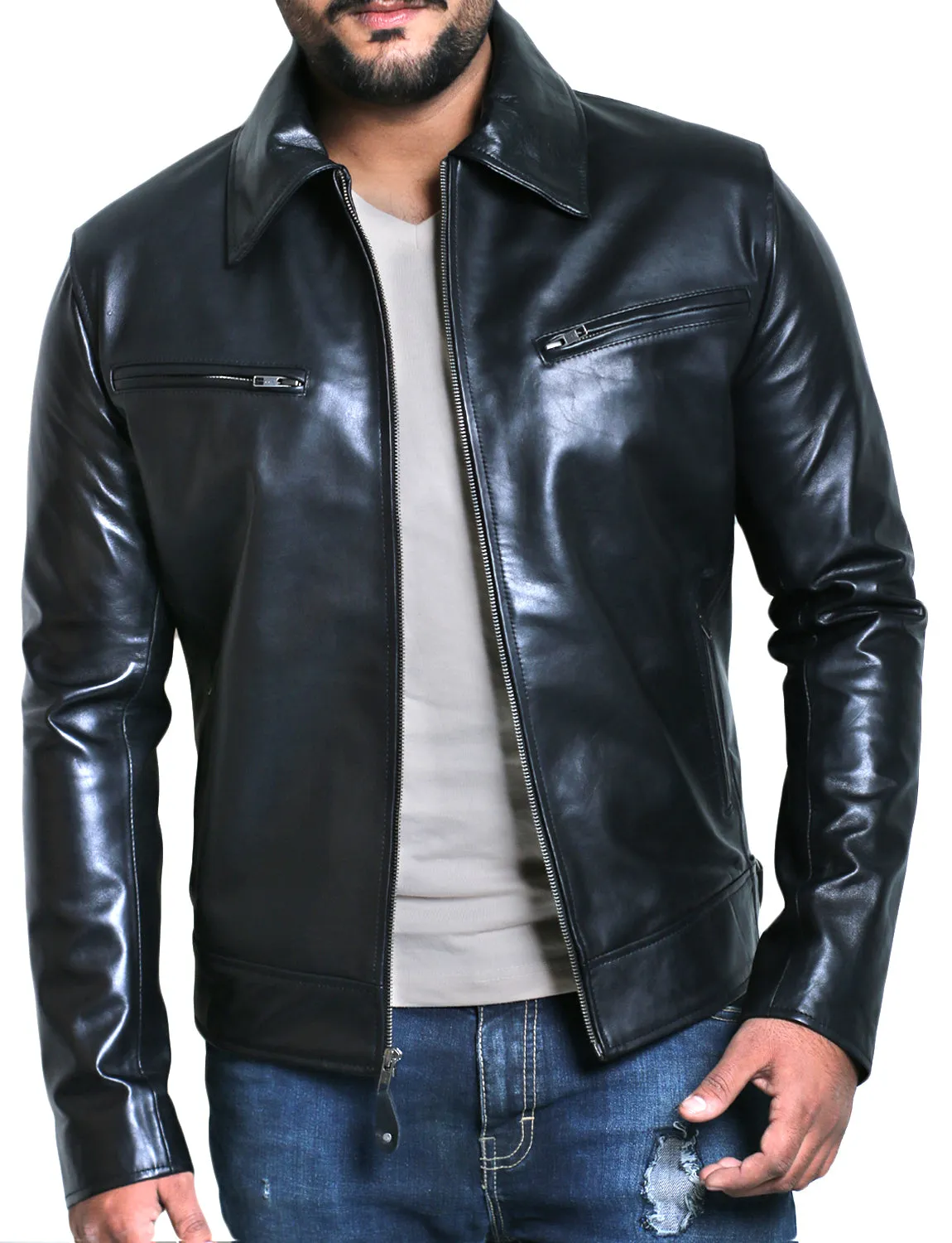 Leather Jackets Hub Mens Genuine Lambskin Leather Jacket (Black, Aviator Jacket) - 1501611