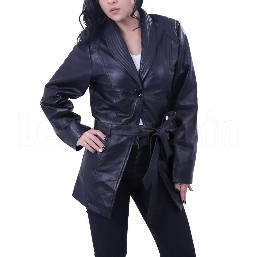 Leather Skin Women Black Belted Fashion Premium Genuine Leather Coat