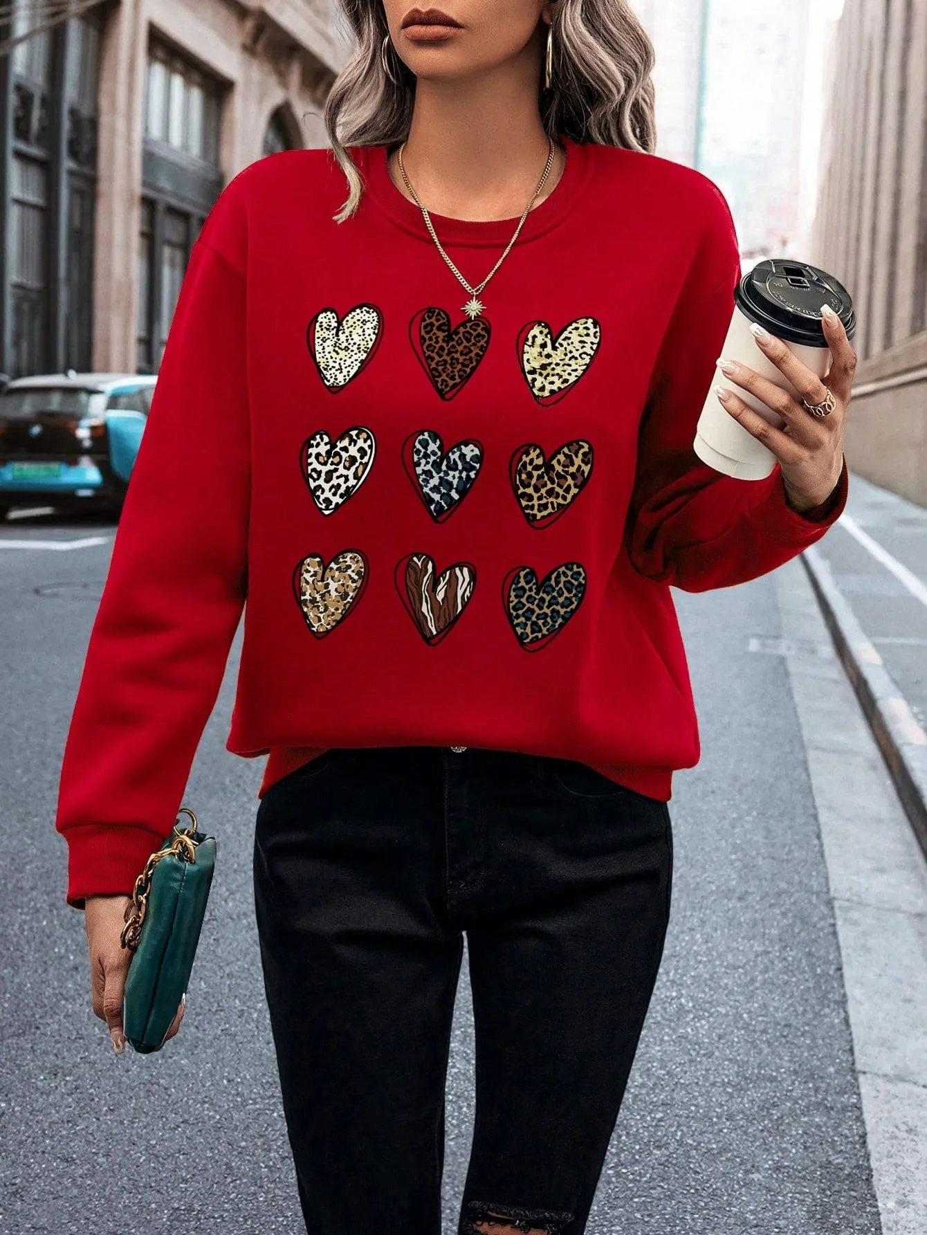 Leopard Heart Print Thermal Lined Sweatshirt