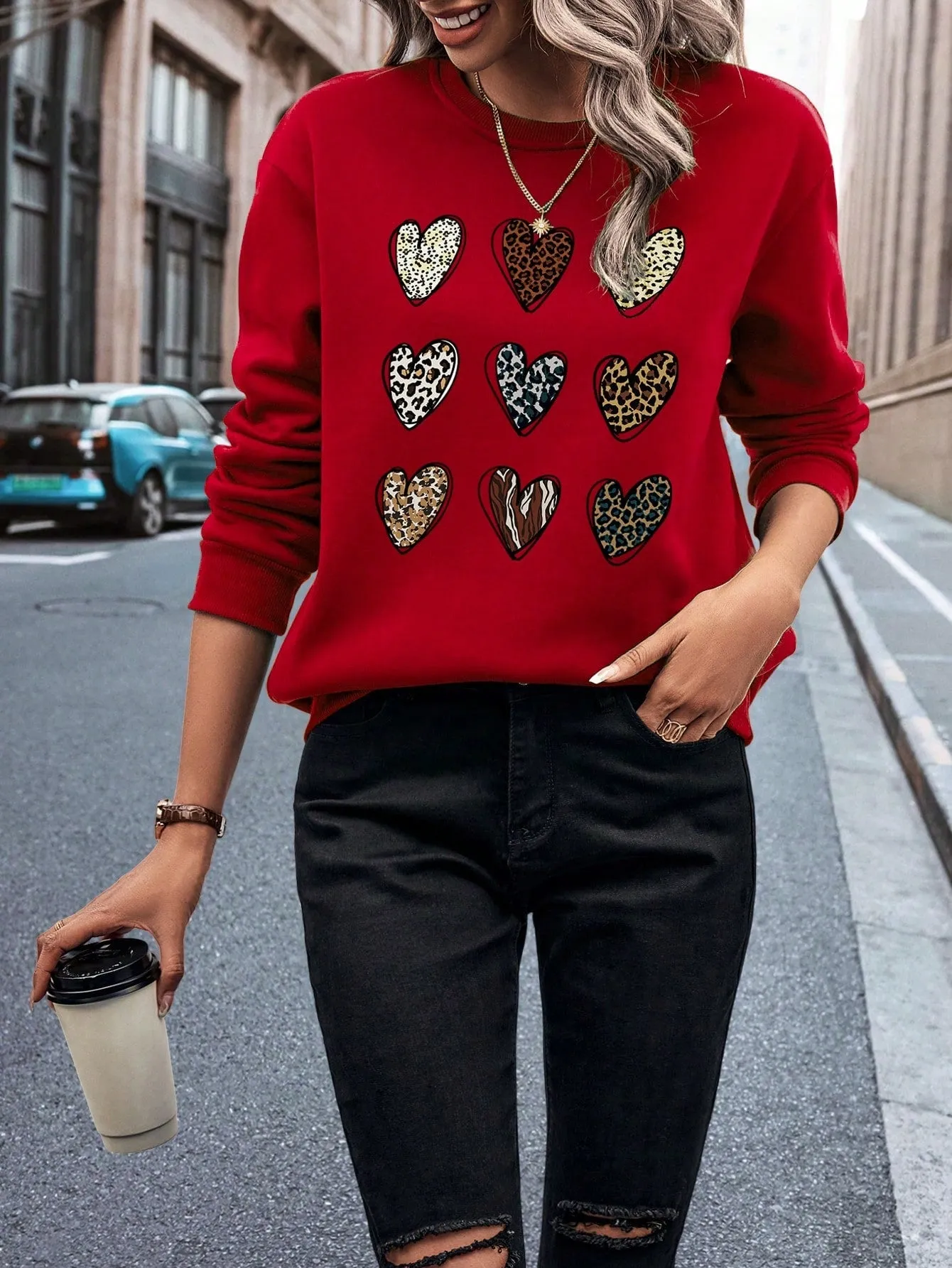 Leopard Heart Print Thermal Lined Sweatshirt