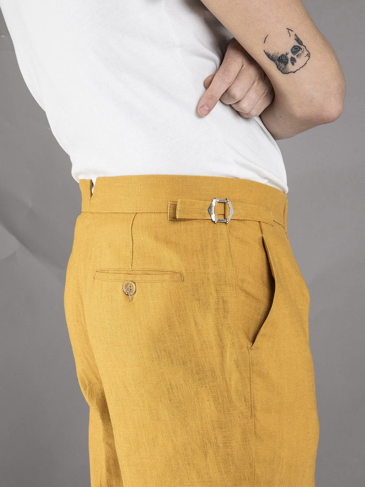 Linen High Waisted Trousers - Mustard