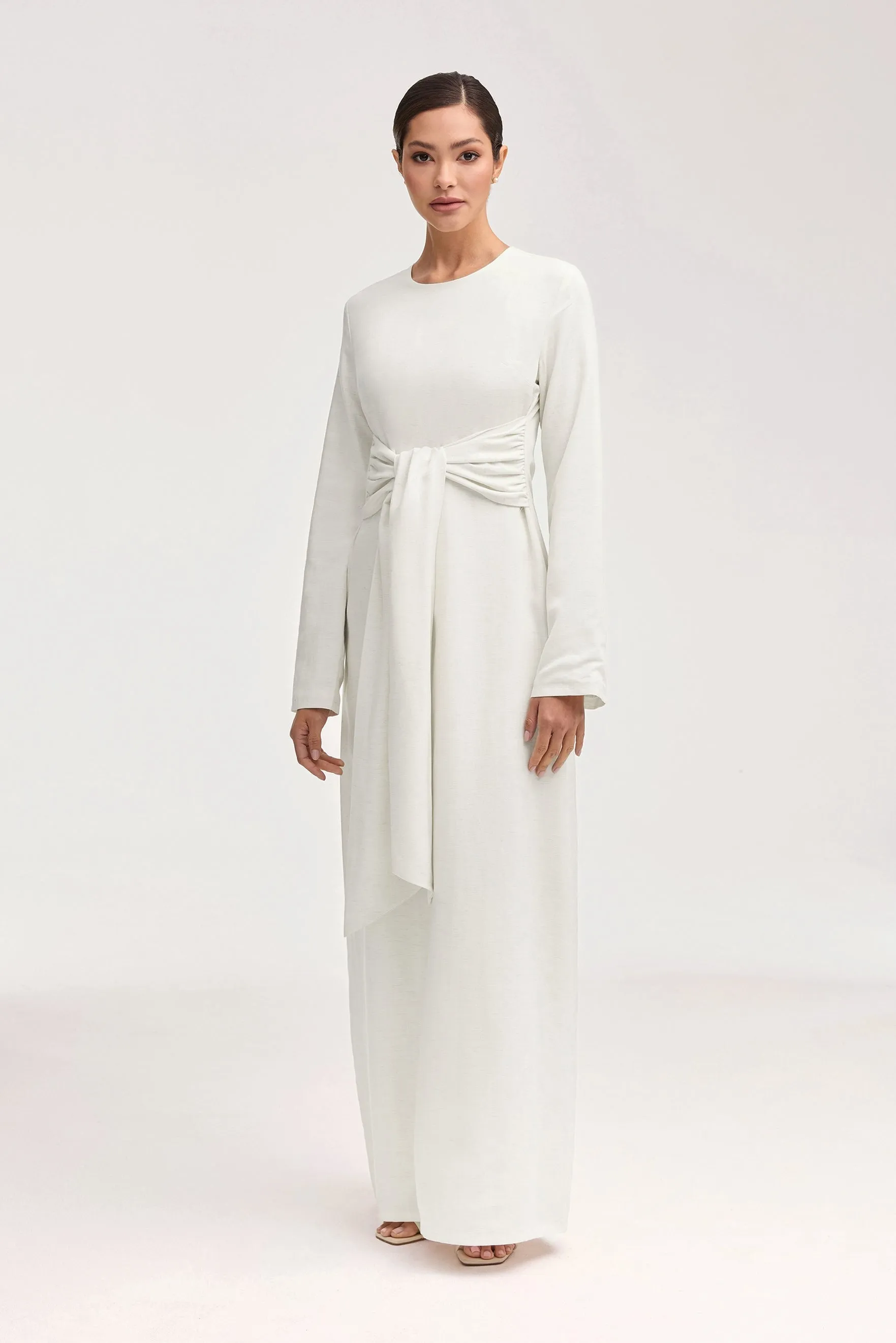 Linen Open Abaya & Dress Set - Off White